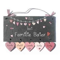 Ausgefallenes Hochzeitsgeschenk: Personalisiertes Schiefertürschild mit Namen & Anhänger – exklusives Familienschild