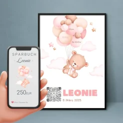 Baby Geldgeschenk | Digitales Sparkonto | Personalisiertes QrCode Bild | Motiv Geburt Rosa
