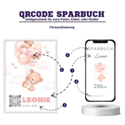 Baby Geldgeschenk | Digitales Sparkonto | Personalisiertes QrCode Bild | Motiv Geburt Rosa