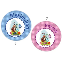 Babyaufkleber zur Geburt | Kleiner Marienkäfer mit Glockenblume