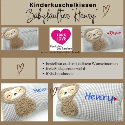 Babyfaultier Faultier Sloth Taufkissen Kuschelkissen Kindergartenkissen Geburtsgeschenk Kinderkissen Taufgeschenk