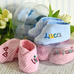 Babyschuhe blau kariert mit Namen personalisiertes Taufgeschenk Geschenk zur Geburt für Jungen