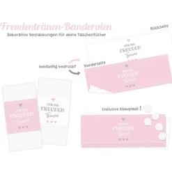Banderolen Für die Freudentränen Rosa-Weiß zweiseitig bedruckt mit Klebepunkt zum Verschließen - Hochzeit Taschentuch Papierbanderole Taschentuchhalter