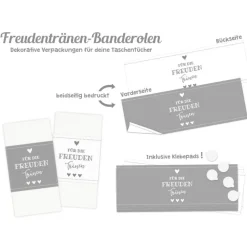 Banderolen Für die Freudentränen Grau-Weiß zweiseitig bedruckt mit Klebepunkt zum Verschließen - Hochzeit Taschentuch Papierbanderole Taschentuchhalter