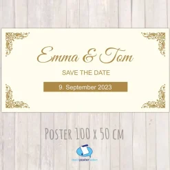 Banner Hochzeit 100 x 50 cm - personalisierbar | goldfarbene Ornamente - personalisierbar mit Wunschtext