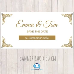 Banner Hochzeit 100 x 50 cm - personalisierbar | goldfarbene Ornamente - personalisierbar mit Wunschtext
