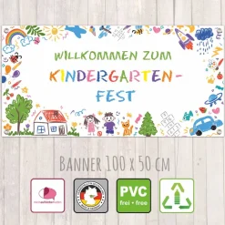 Banner Kinderevent 100 x 50 cm  | Kindergartenfest - bunte Kindermotive - Kinderzeichnung - Kindergartenabschluss