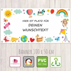 Banner Kinderevent 100 x 50 cm  | Bunte Kindermotive - personalisierbar mit Wunschtext - Kindergarten