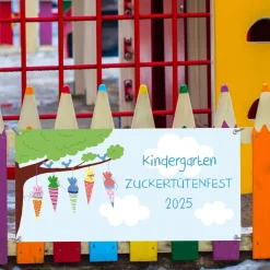 Banner Kinderevent 100 x 50 cm  | Fröhliche Kinder - Luftballon - personalisierbar mit Wunschtext - Kindergarten