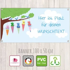 Banner Kindergarten 100 x 50 cm  | Zuckertütenbaum - mit Wunschtext personalisierbar - Kindergartenabschluss