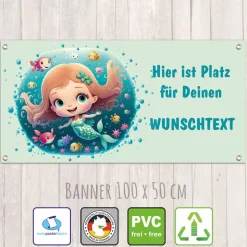 Banner Kinderparty - 100 x 50 cm | Niedliche Meerjungfrau mit kleinen Fischen - mit Wunschtext personalisierbar