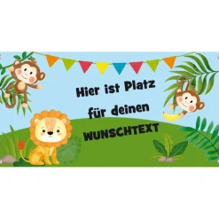 Banner Kinderparty - 100 x 50 cm | Äffchen und Löwe - mit Wunschtext personalisierbar