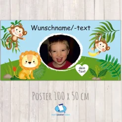 Banner Kinderparty - 100 x 50 cm | Äffchen und Löwe - mit Foto personalisierbar