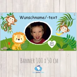 Banner Kinderparty - 100 x 50 cm | Äffchen und Löwe - mit Foto personalisierbar