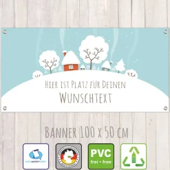 Banner Winterzeit 100 x 50 cm - personalisierbar | Häuser und Bäume im Winter - personalisierbar mit Wunschtext