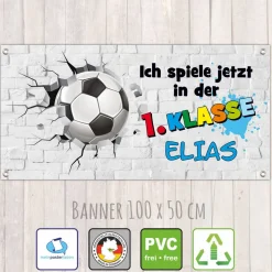 Banner zur Einschulung - 100 x 50 cm | Fußball - Ich spiele jetzt in der 1. Klasse