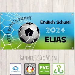 Banner zur Einschulung - 100 x 50 cm | Fußball - Jetzt gehts rund - Endlich Schule - blau grün
