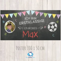 Banner zur Einschulung - Fußball - 100 x 50 cm - mit Foto personalisierbar | Tafeloptik - Ich bin erstklassig