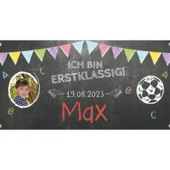 Banner zur Einschulung - Fußball - 100 x 50 cm - mit Foto personalisierbar | Tafeloptik - Ich bin erstklassig