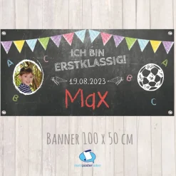Banner zur Einschulung - Fußball - 100 x 50 cm - mit Foto personalisierbar | Tafeloptik - Ich bin erstklassig