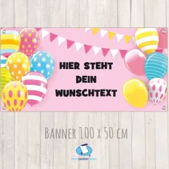 Banner zur Einschulung - Kinderparty - Jubiläum 100 x 50 cm | Bunte Luftballons - rosa