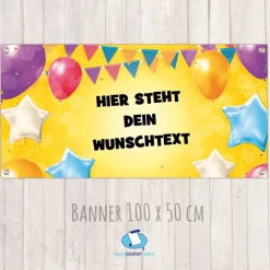 Banner zur Einschulung - Kinderparty - Jubiläum 100 x 50 cm | Bunte Luftballons - gelb
