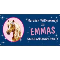 Banner zur Einschulung 100 x 50 cm  | Pony mit Sternchen - dunkelblau