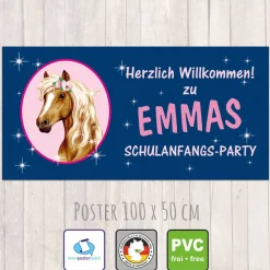 Banner zur Einschulung 100 x 50 cm  | Pony mit Sternchen - dunkelblau