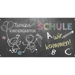 Banner zur Einschulung 100 x 50 cm | Tafeloptik Tschüss Kindergarten - Schule wir kommen