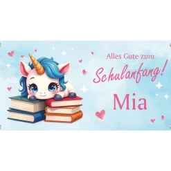 Banner zur Einschulung 100 x 50 cm  | Alles Gute zum Schulanfang - Einhorn mit Büchern - rosa blau - Aquarell-Design
