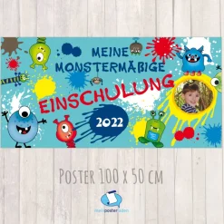 Banner zur Einschulung 100 x 50 cm - mit Foto personalisierbar | Meine Monstermäßige Einschulung - türkis