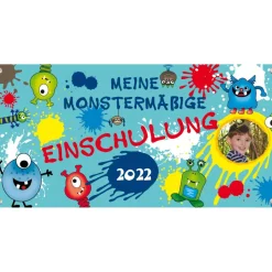 Banner zur Einschulung 100 x 50 cm - mit Foto personalisierbar | Meine Monstermäßige Einschulung - türkis