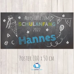 Banner zur Einschulung 100 x 50 cm - personalisierbar | Tafeloptik Schulanfang - blau