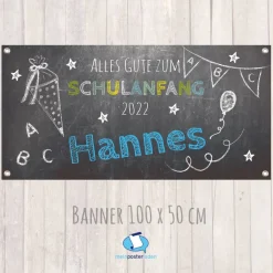 Banner zur Einschulung 100 x 50 cm - personalisierbar | Tafeloptik Schulanfang - blau