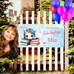 Banner zur Einschulung 100 x 50 cm  | Alles Gute zum Schulanfang - Einhorn mit Seifenblasen - Aquarell-Design