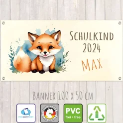 Banner zur Einschulung 100 x 50 cm  | Schulkind - Fuchs Aquarell-Design