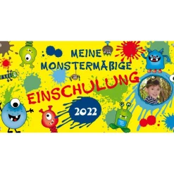 Banner zur Einschulung 100 x 50 cm - mit Foto personalisierbar | Meine Monstermäßige Einschulung - gelb