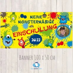 Banner zur Einschulung 100 x 50 cm - mit Foto personalisierbar | Meine Monstermäßige Einschulung - gelb