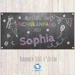 Banner zur Einschulung 100 x 50 cm - personalisierbar | Tafeloptik Schulanfang - lila