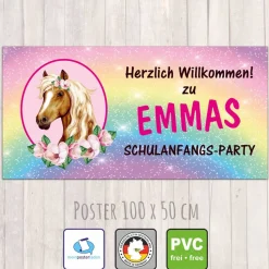 Banner zur Einschulung 100 x 50 cm  | Pony - mit Glitzer Regenbogen
