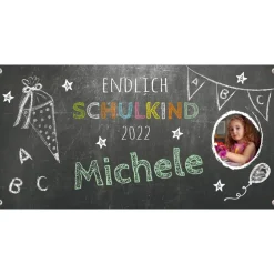 Banner zur Einschulung 100 x 50 cm - mit Foto personalisierbar | Tafeloptik - Endlich Schulkind