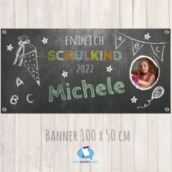 Banner zur Einschulung 100 x 50 cm - mit Foto personalisierbar | Tafeloptik - Endlich Schulkind
