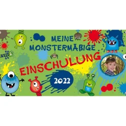 Banner zur Einschulung 100 x 50 cm - mit Foto personalisierbar | Meine Monstermäßige Einschulung - grün