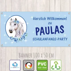 Banner zur Einschulung 100 x 50 cm  | Pony mit Rosen und Sternchen - hellblau