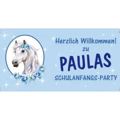 Banner zur Einschulung 100 x 50 cm  | Pony mit Rosen und Sternchen - hellblau
