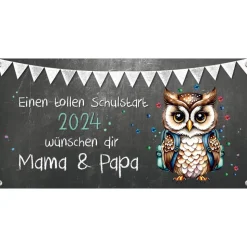 Banner zur Einschulung 100 x 50 cm - personalisierbar | Tafeloptik Eule Schulstart - Wunschtext