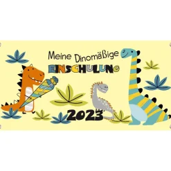 Banner zur Einschulung 100 x 50 cm - mit Foto personalisierbar | Meine Dinomäßige Einschulung - gelb