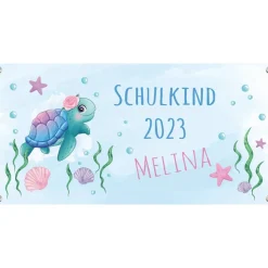 Banner zur Einschulung 100 x 50 cm  | Schulkind - Schildkröte Aquarell-Design