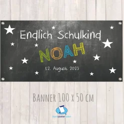 Banner zur Einschulung 100 x 50 cm - personalisierbar | Tafeloptik Sternchen - Endlich Schulkind