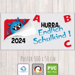 Banner zur Einschulung 100 x 50 cm | Lustiges Monster - Hurra, Endlich Schulkind!